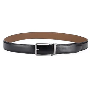 Detailed view of classic black leather men's belt featuring a gunmetal automatic buckle