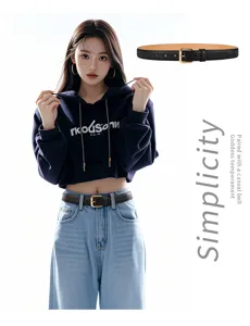 Elegant black leather belt for women with gold square buckle on model and detail view
