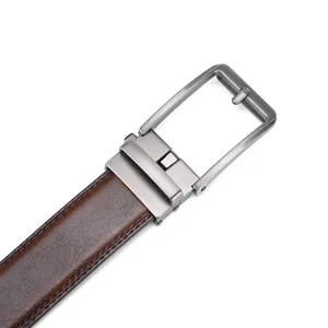 Close-up detail of a men's brown leather belt with a gunmetal grey automatic buckle