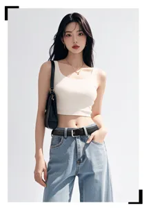 Fashionable black leather belt for women styled with white tank top and blue jeans