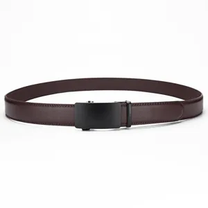 Close-up of a men's dark brown leather belt with a matte black automatic buckle