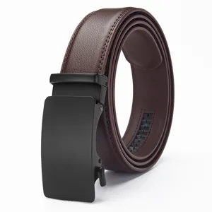 Close-up detail of men's brown genuine leather belt with matte black automatic buckle