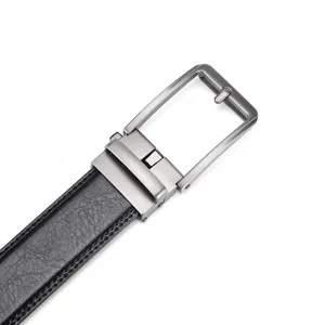 Close-up detail of a classic men's black leather belt with a sleek grey automatic buckle.
