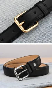 Macro detail of elegant black leather belt with gold and silver square buckles