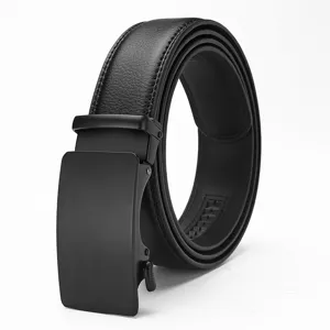 Premium close-up of men's genuine leather belt with a matte black automatic buckle