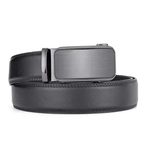 Close-up detail of a men's automatic buckle leather belt with a sleek brushed metal finish.