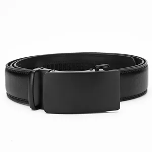 Close-up view of a high quality black leather belt featuring a matte automatic buckle for men