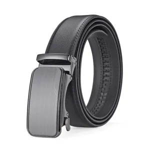 Detail of black genuine leather belt featuring a sleek metallic automatic buckle mechanism