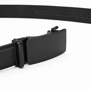 Close-up of men's black leather belt with matte black automatic sliding buckle