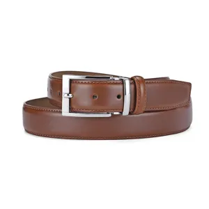 Macro view of a classic brown leather belt featuring a silver pin buckle and smooth finish