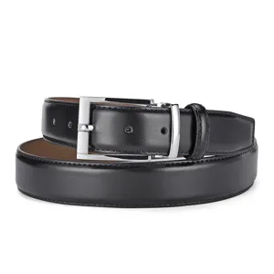 Detailed close-up view of a black genuine leather belt with a polished silver pin buckle.