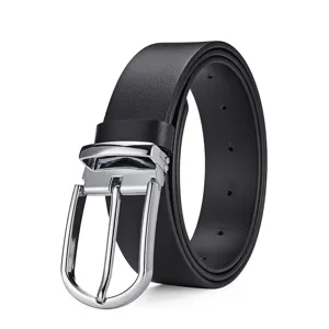 Macro detail shot of black top-layer cowhide leather belt with polished silver pin buckle
