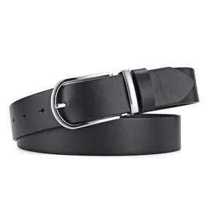 Close-up of a black leather belt with a polished silver-colored D-shaped pin buckle