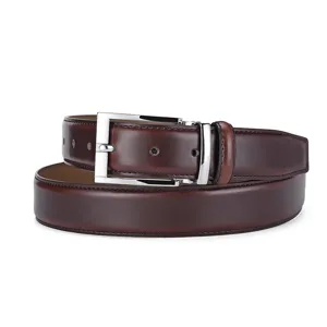 Detail view of a men's brown leather belt with a polished silver-tone pin buckle.
