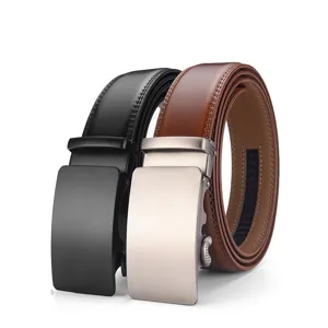 Men Business Casual Cowhide Leather Belt With Automatic Alloy Buckle Adjustable Simple Stylish Waistband For Jeans Suit