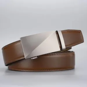 Detailed view of men's brown cowhide leather belt with silver automatic buckle.