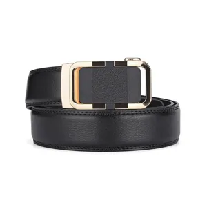 Detailed view of men's premium black cowhide belt featuring a gold automatic buckle