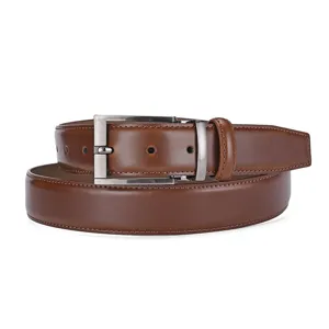 Detailed view of a brown leather belt with a sleek silver pin buckle for men