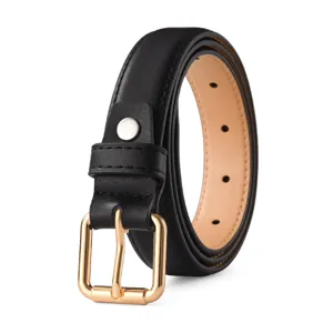 Elegant black leather belt for women featuring a minimalist gold square pin buckle