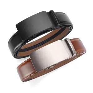 Detailed view of men's leather belts in black and brown with sleek automatic buckles.
