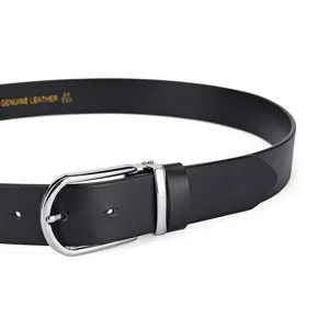 Detailed close-up view of a silver pin buckle on a premium black genuine leather belt