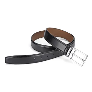 Close-up detail of a classic black genuine leather belt featuring a silver metal pin buckle