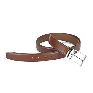 Detailed macro view of a brown genuine cowhide leather belt with silver pin buckle