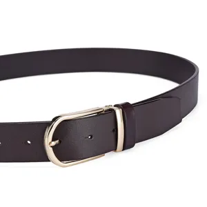 Detailed close-up of a men's genuine leather belt with a polished gold pin buckle.