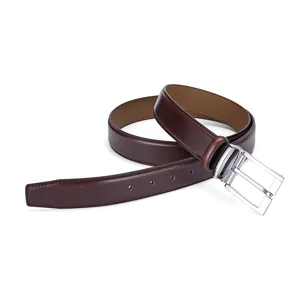 Detail view of brown genuine leather belt with silver needle buckle and smooth finish