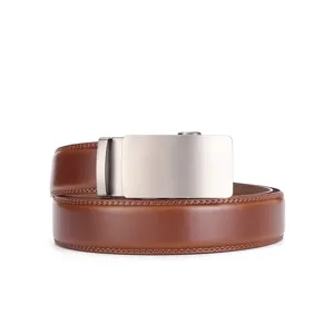 Close-up view of a premium men's brown leather belt with brushed silver automatic buckle