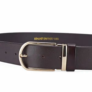Close-up detail of a dark brown genuine leather belt with polished gold pin buckle