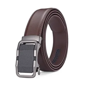 Detailed view of a brown leather belt featuring a gunmetal grey automatic buckle design