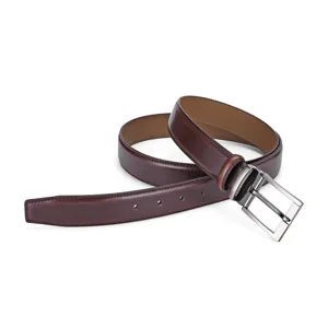 Close-up of a classic brown leather belt with a polished silver-tone pin buckle.