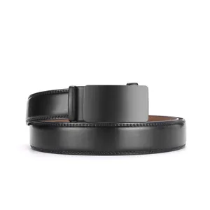 Detail of a matte black automatic buckle on a black stitched leather men's belt.