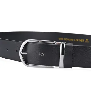 Macro detail view of men's black genuine leather belt with polished silver pin buckle