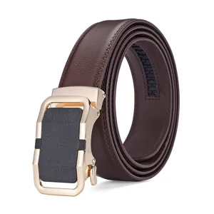 Detailed macro view of high-quality brown leather belt with gold automatic buckle