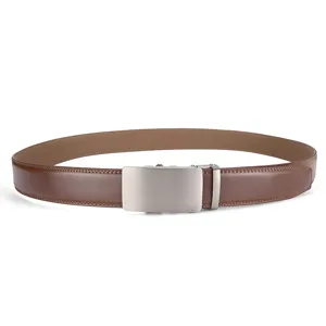 Detail of men's brown leather belt featuring a sleek brushed automatic metal buckle