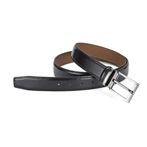 Detailed shot of a men's black genuine leather belt featuring a classic silver needle buckle