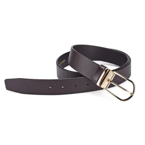 Detailed view of a brown cowhide leather belt featuring a polished gold-tone pin buckle