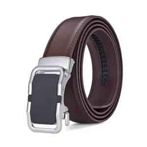 Detailed view of brown leather belt with silver and black automatic buckle
