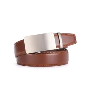 Detail shot of a brown leather belt with a brushed metal automatic buckle for men