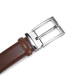 Close-up of brown leather belt with silver pin buckle 3.3cm wide