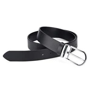 Detail view of black leather belt with minimalist silver pin buckle and smooth finish.