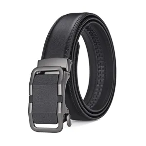 Detailed close-up of a premium men's genuine leather belt with a matte grey automatic buckle