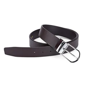 Macro view of high-quality dark brown leather belt for men with a classic silver pin buckle