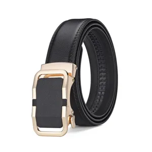 Detailed view of men's black leather belt with gold automatic buckle and matte panel