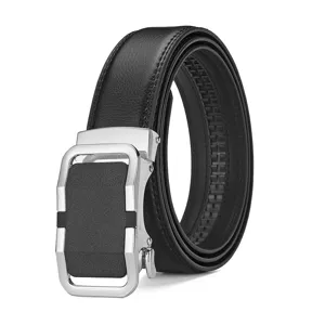 High-quality black leather belt for men featuring a textured silver automatic buckle
