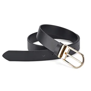 Close-up of a classic black leather belt with a polished gold-finish pin buckle.