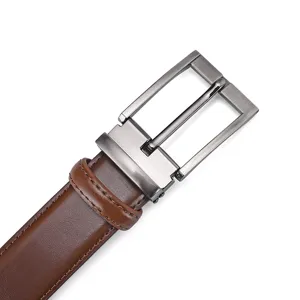Detailed macro view of a men's brown leather belt with a brushed metal pin buckle