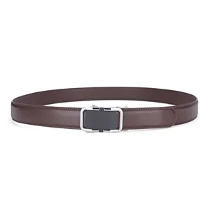 Close-up of a premium brown leather belt featuring a modern automatic buckle design.